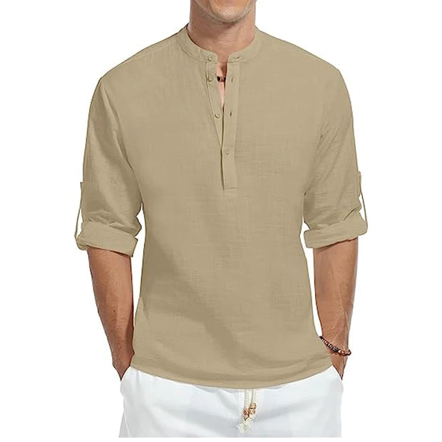 West Louis™ Cotton Long Sleeve Band Collar Henley Shirt