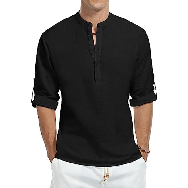 West Louis™ Cotton Long Sleeve Band Collar Henley Shirt